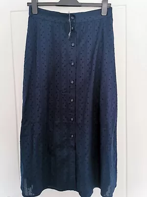 M&S Ladies Button Front Midi Skirt Pure Cotton Navy Size 101820 Regular • £11.99