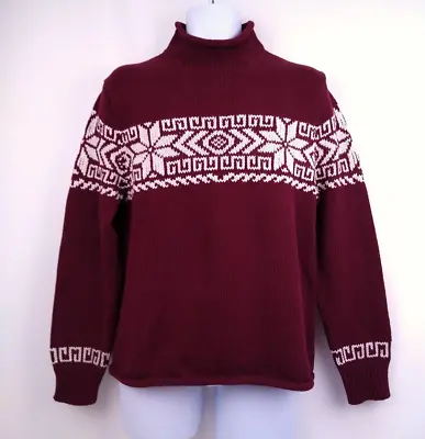 J Crew Fair Isle Cotton Rollneck Sweater Red Currant M Festive Snowflake Holiday • $39.99