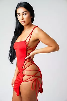 Red Ladder Micro Mini Dress Women's Short Fitted Tie Boob Tube Side Slit Dresses • £14.97