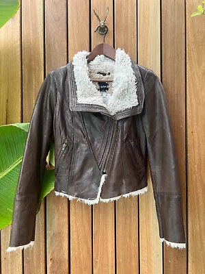 Chocolate Brown Leather Shearling  Jacket Size 8 NWT • $115