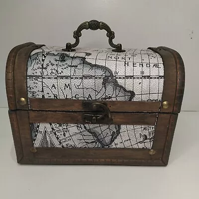 Rustic Wooden Box / Chest World Map Design Coins Jewellery Holder Vintage  • £14.95