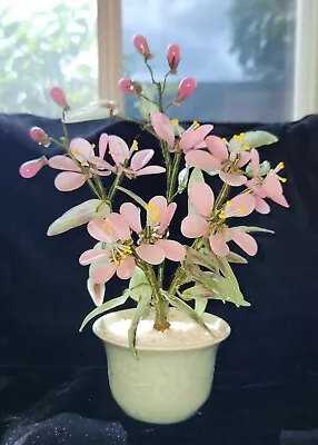 Chinese Carved Gemstones Jade Carnelian & Rose Quartz Flower Plant Tree 10  Vtg. • $45