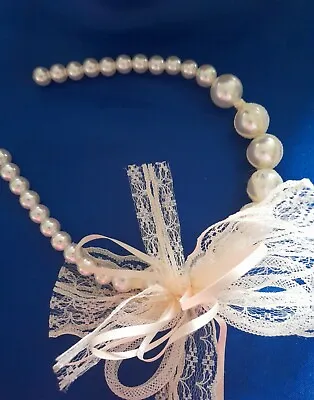 £5.50 • Buy Wedding Bridal .cream  Lace Bow And Pearl Headband.