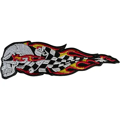 Fire Flame Skull F1 Motorbike Patch Iron Sew On Checkered Flag Embroidered Badge • £2.79