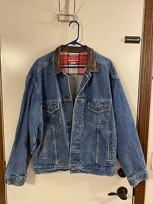 Vintage Marlboro Country Store Denim Jean Jacket Leather Collar L Made In USA. • $21