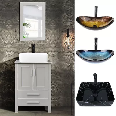 24'' Bathroom Vanity Cabinet Vessel Sink Combo Set Mirror Faucet Pop Up Drain US • $199.99