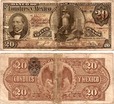 Mexico 20 PesosBanco De Londres Y Mexico Series C 1-1-1902S/N 135556S-235c • $90