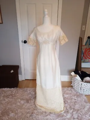 Vintage 1960s Long Empire Waist Wedding Dress With Cream Lace Accents And Train • $130