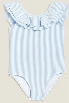 M&S Baby Blue & White Striped Frill Swimsuit EXCELLENT CONDITION 0-3 Months • £5