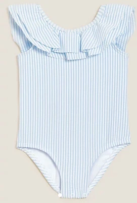 M&S Baby Blue & White Striped Frill Swimsuit EXCELLENT CONDITION 0-3 Months • £5