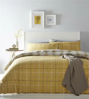 Tartan Bedding Set Duvet Set Ochre Yellow Mustard Checked Quilt Cover  • £14.39