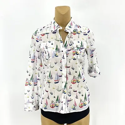 Milly Size 4 100% Cotton White Button Front Coastal Sailboat Nautical Top Shirt • $19.88