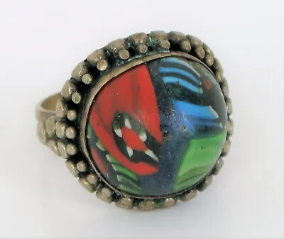 Vintage Beautiful Sterling Silver Art Glass Millefiori Ring Size 8.75 Ornate Mcm • $125