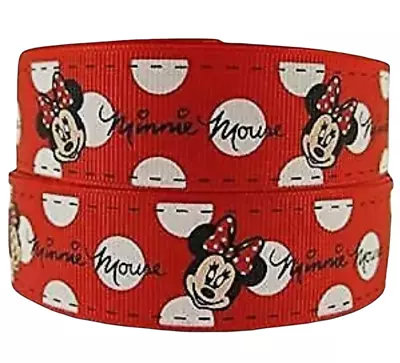 RED MINNIE MOUSE Grosgrain Printed Ribbon 25mm Width 1  Birthday Cake Hair Bows • £2.25