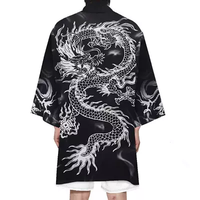 Mens Dragon Crane Pattern Japanese Retro Kimono Robe Yukata Cardigan Top Fashion • £22.18