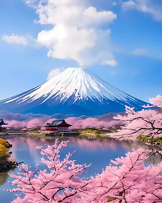 Japanese Mount Fuji Pink Cherry Blossom Canvas Picture Print Wall Art • £17.95