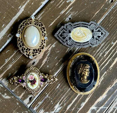 Vintage BROOCH Lot (4) Fashion Pin Faux Pearl ~ Dark Cameo ~ Rose Floral ~ Swirl • $14.95