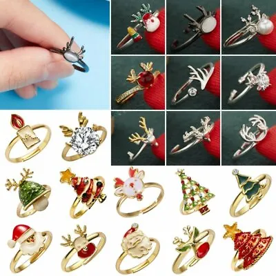 2022 Christmas Elk Snowflake Enamel Open Ring Finger Adjustable Women Jewelry • $0.99