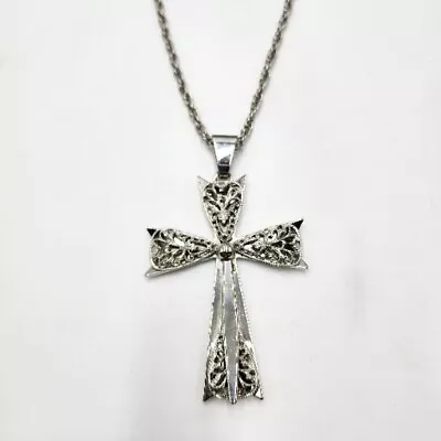 Vintage 70's Large Filigree Maltese Cross Pendant Silver Tone 22  Chain Necklace • $34.99