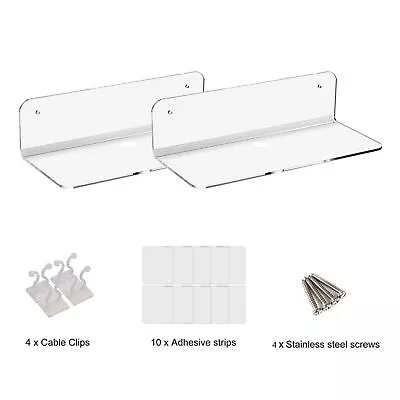 2x Clear Small Acrylic Floating Wall Shelves Self Adhesive Storage Display Shelf • £10.79