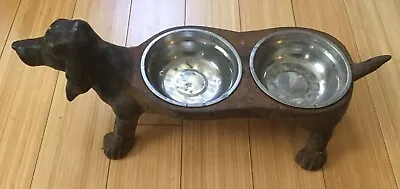 Cast Iron 18” Vintage Dachshund Dog Food & Water Two Bowl Holder Feeder  • $38