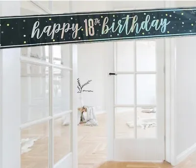 Black And Silver Happy 18th Birthday 9ft Foil Banner. Age 18 Party Decorations • £2.79