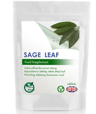 Sage Leaf 500mg - 30/60/90/120/180 Tablets (V) Rosmarinic Acid FREE UK DELIVERY • £6.29