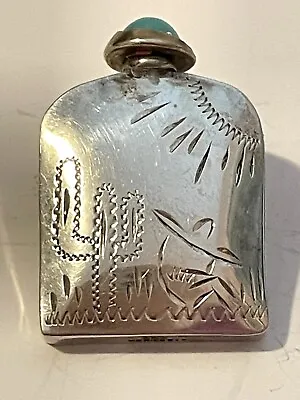 Vintage Sterling Silver Perfume Bottle Etched Cactus Turquoise Man Marked Mexico • $34.95