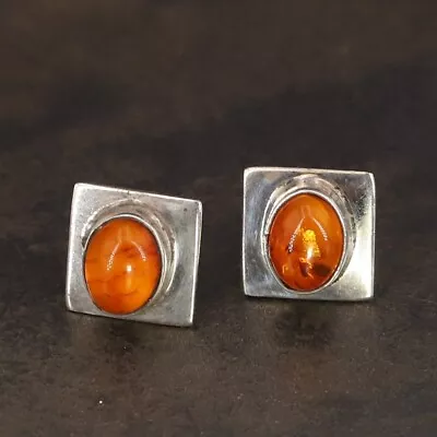 VTG Sterling Silver - MEXICO Baltic Amber Cabochon Post Earrings - 2.5g • $2.99