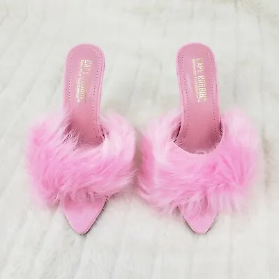 Fuji Furry Pointy Toe Slip On 4.5  Gold Tone Slim Heels Pink • £38.56