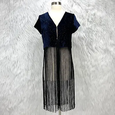 Zara Festive Season NWT Blue Velvet Long Fringe Women Sz S Dressy Shrug Cardigan • $33.99