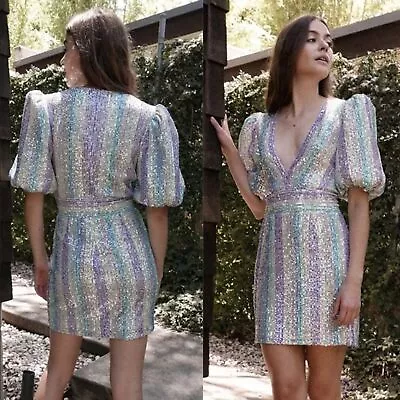 Saylor Indira Puff Sleeve Rainbow Stripe Sequin Dress Sz XS MSRP $265 • $99