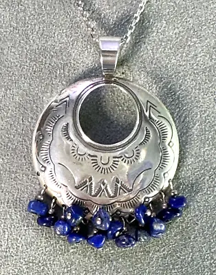 Vintage QT Lapis Dangle Round Pendant Hand Stamped Sterling Chain Necklace • $89.99