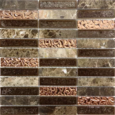 Emperador Marble Blend Metallic Copper Glass Crackle Mosaic Tile Wall Backsplash • $239.50