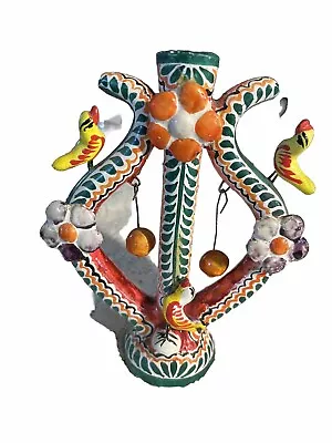 Vintage Mexican Folk Art Pottery Tree Of Life Birds Candleholder 6” • $45