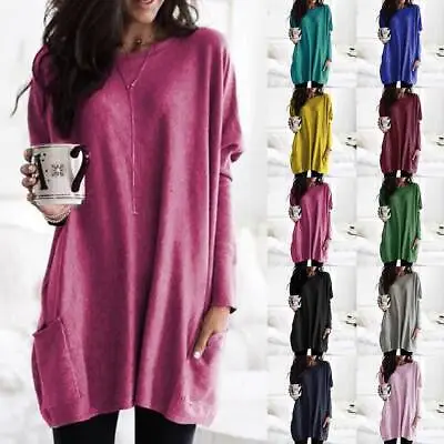 Women Long Sleeve Pocket T Shirts Blouse Casual Long Tops Tunic Tee Size 6-20 UK • £12.99