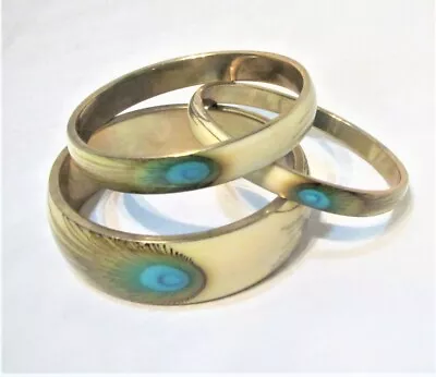 Vintage Set Of 3 Varied Peacock Brass-colored Lacquer Bangles/ Bracelets • $9.99