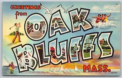 Postcard Greetings From Oak Bluffs Mass Large Letter Linen O59 • $6.73