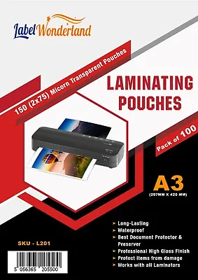 A3/A4 Laminating Pouches Gloss 150 Micron Laminator Laminate Sheets  In 100 Pack • £9.59