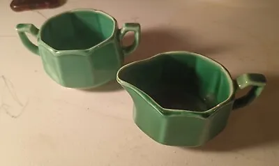 Lovely Vintage 1930's Mt. Clemens Potterty GREEN CREAMER & SUGAR BOWL • $30