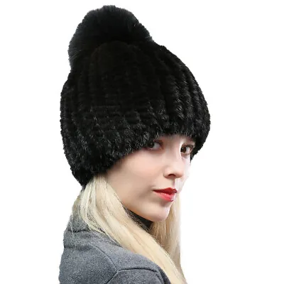 Winter Fur Hat Women Real Mink Warm Beanie Cap Fox Pompom Black Wine Beige Grey • $25.49