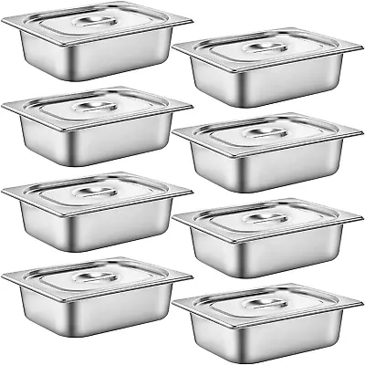 8 Set Stainless Steel Hotel Pans Steam Table Pan With Lids 4 Inch 1/2 Half-Size • $121.99