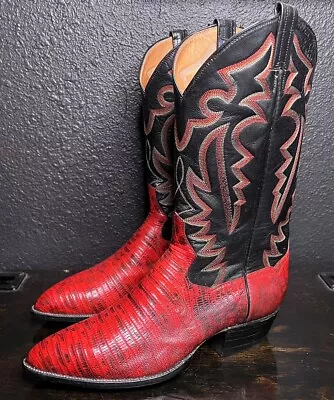 Men’s PANHANDLE SLIM Red Black Exotic Lizard Western Cowboy Boots Sz 10 D • $149.99