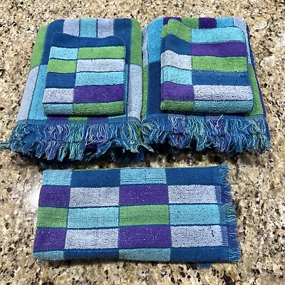 Vintage Sears Bath Towel Hand Towel Washcloth Set Blue Purple Green Color Block • $49.99