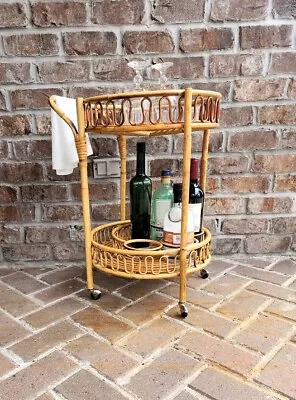 1960 Italian Bamboo Rattan Bohemian French Riviera Round Serving Bar Cart Trolly • $650