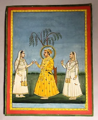 Antique 7.75 X9.75  Mughal Painting Of Emperor & 2 Female Attendants C. 1910-20 • $95