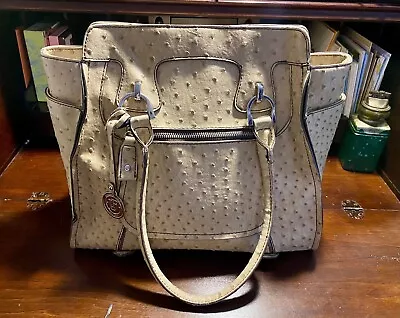 London Fog Vegan Simulated Ostrich Leather Handbag Satchel Double Strap Taupe • $30