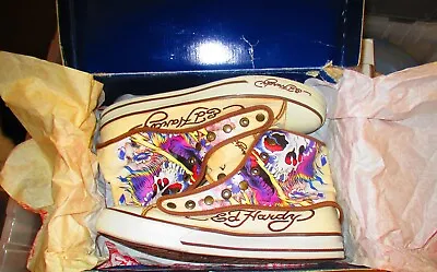 Ed Hardy High Top  Love Kills Slowly  Skull Print Sneakers Sz 9 US In Box • $45