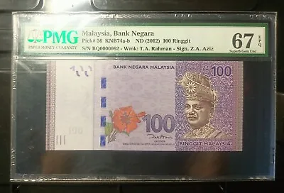 Malaysia Banknote Rm100 Pmg67epq Low Number Bq0000062 Zeti Gabenor • $118