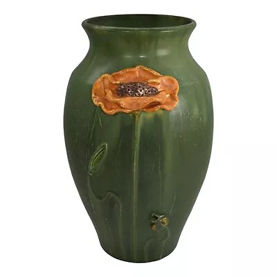 Door Studio Art Pottery Hand Thrown Orange Poppy Matte Green Ceramic Vase  • $395